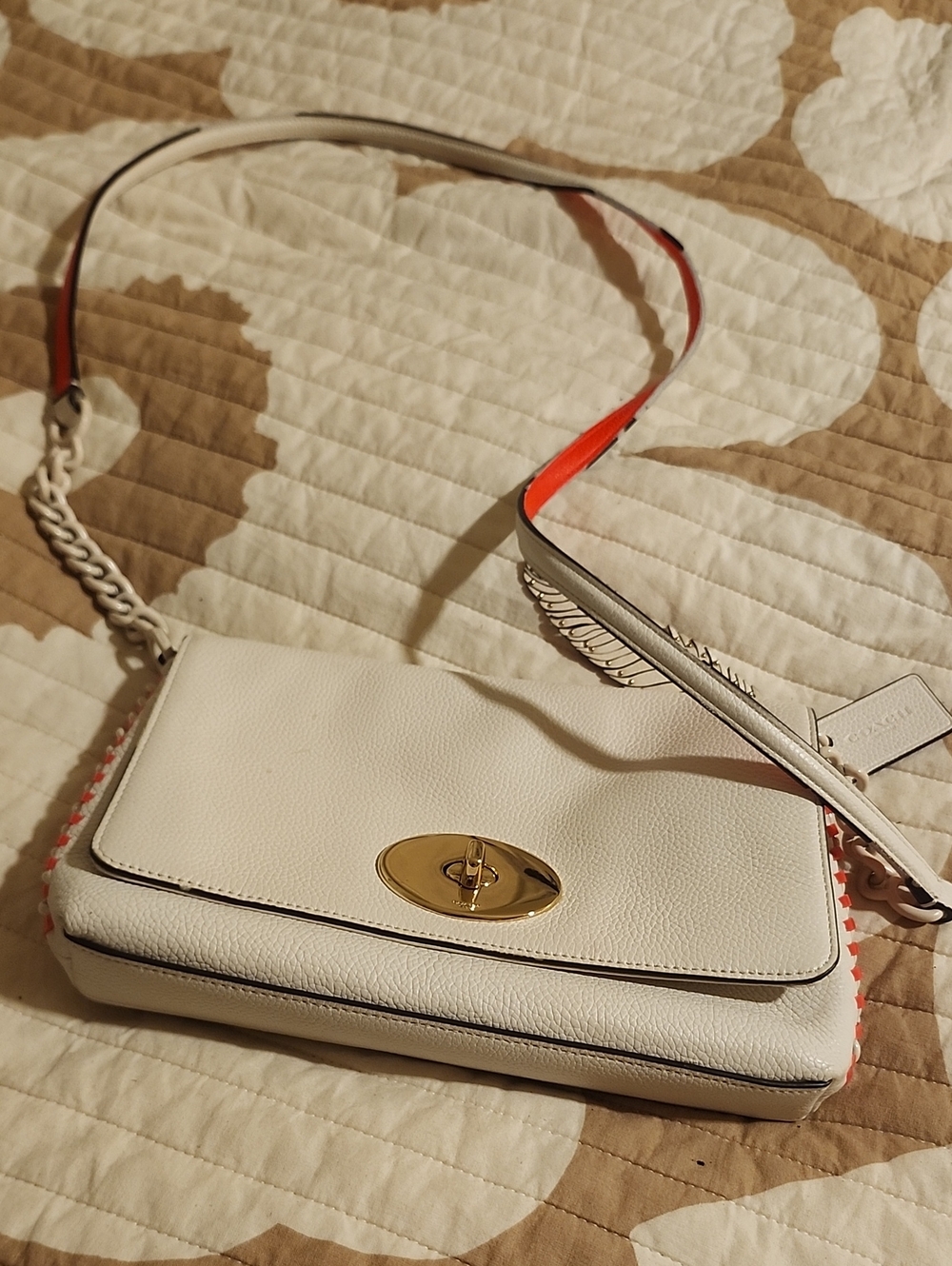 White Leather Crossbody Bag with Gold Turn-Lock